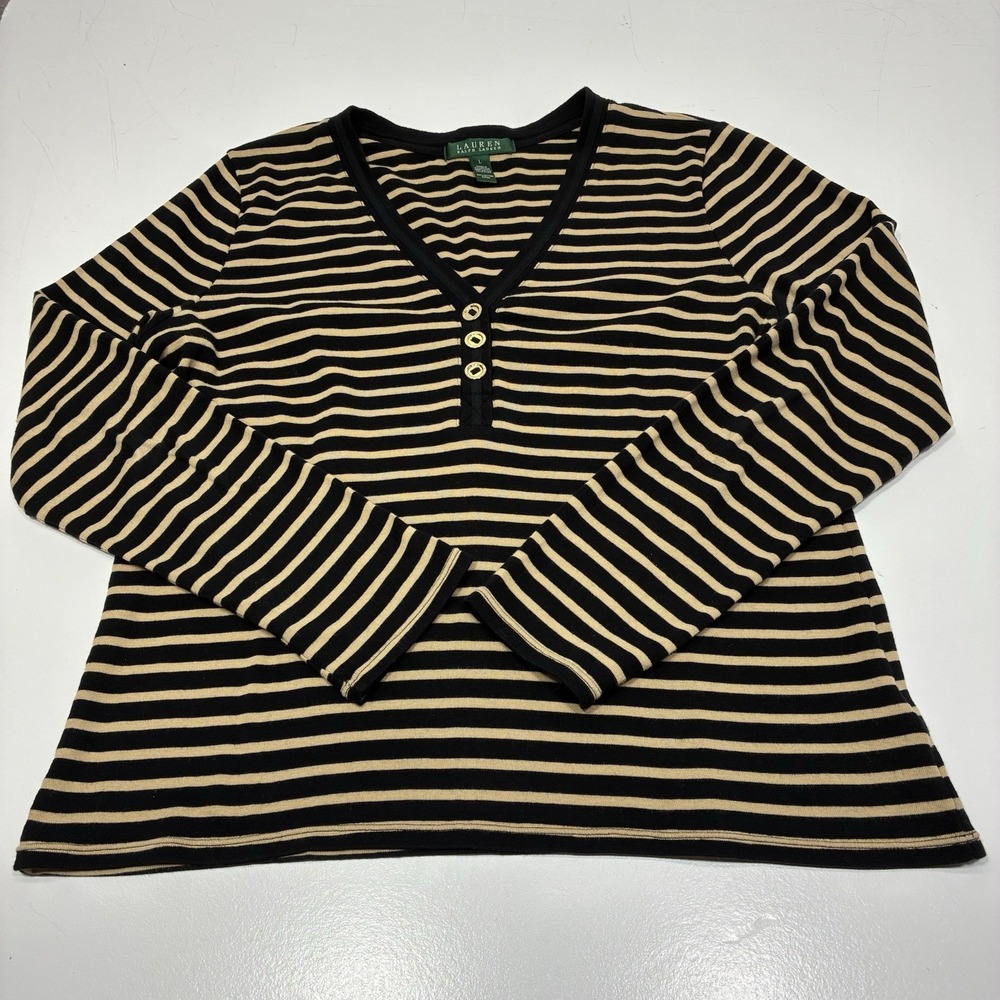 Lauren‎ Ralph Lauren Women's Henley Black & Gold 3/4 Sleeve Shirt Size Large